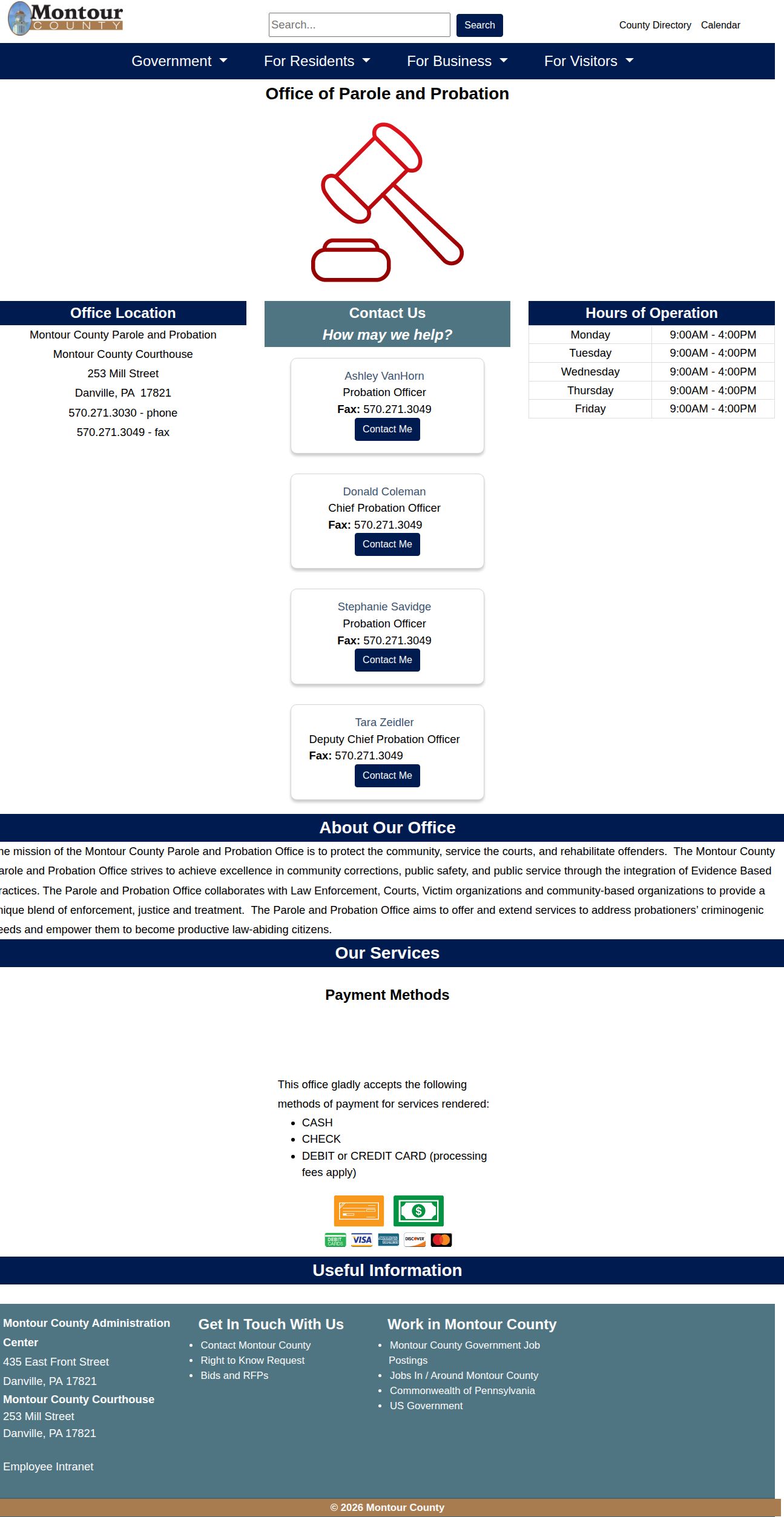 Montour County probation and parole office contact record