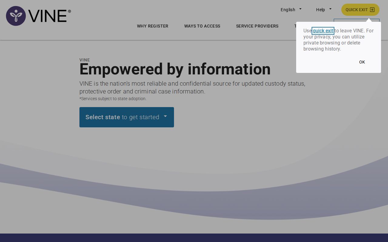 VINELink state selection page used to open Pennsylvania PA SAVIN