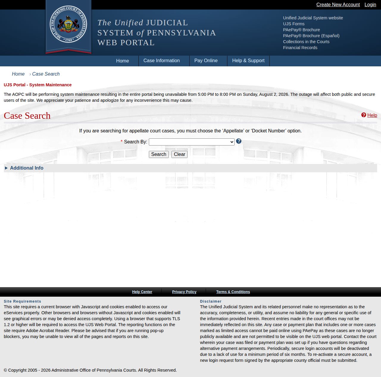 Montour County release record search fields on the UJS docket portal