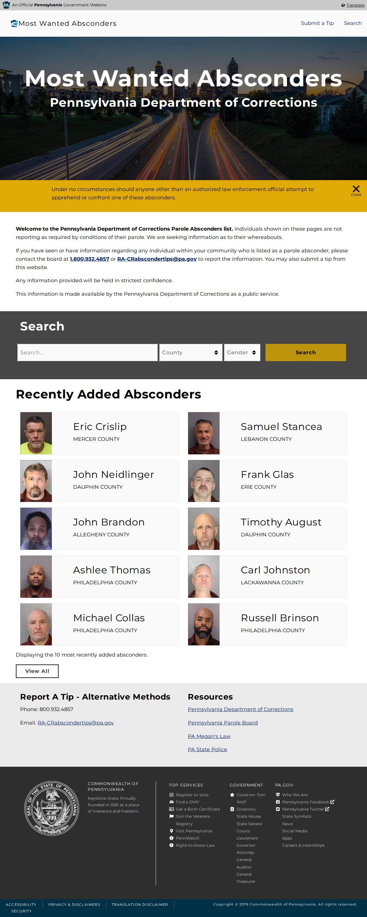 Montour County state parole absconder record search